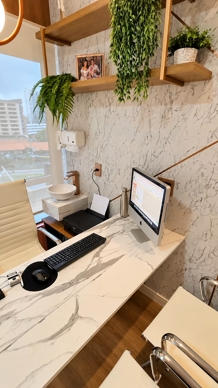 Mesa de trabalho com prateleiras de madeira e plantas